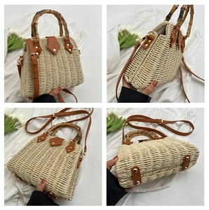 Detail of handwoven straw bag featuring natural bamboo handle and brown leather accents