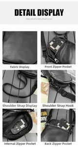 Close-up of black PU leather texture and multi-pocket functional zipper details