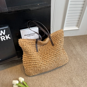 Large Capacity Straw Woven Tote Bag Women Casual Summer Beach Shoulder Bag Zipper Closure Durable Woven Vacation Handbag