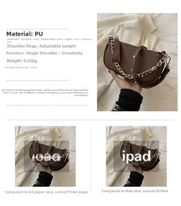 Brown PU leather bag dimensions 20x11x5cm with metal chain and size comparison