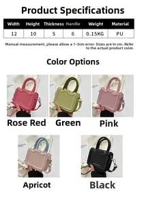 Spécifications de taille et cinq variantes de couleurs du mini sac à main en cuir PU