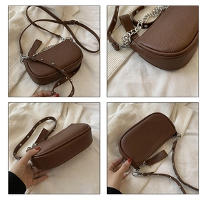 Detailed views of brown pebble leather small crossbody bag with silver rivet strap and chain