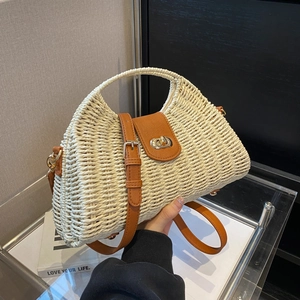 Damen Mode Strohgeflecht Handtasche Kontrastfarbe PU Leder Schulter Umhängetasche Große Kapazität Eimer Tasche Urlaubstasche
