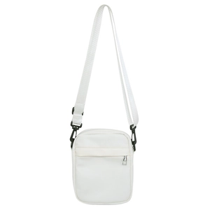 Minimalist white nylon crossbody phone bag with adjustable strap and metal zippers