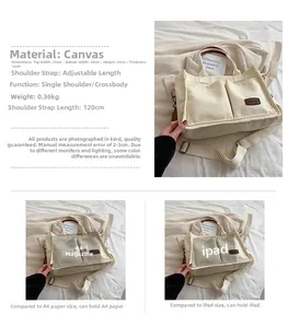 Detail showing cream canvas tote dimensions 33x25x14cm with iPad and A4 magazine fit