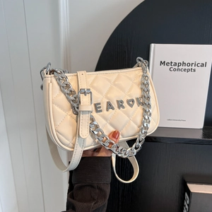 Women Quilted Diamond Pattern PU Leather Shoulder Bag Silver Chain Crossbody Underarm Small Square Bag With Heart Metal Letters