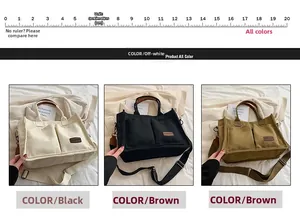 Detailed comparison of canvas tote bags in cream, black, and brown with scale reference