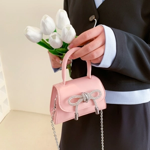 Women Mini PU Leather Handbag Rhinestone Bowknot Decor Flap Crossbody Bag With Silver Metal Chain Strap Elegant Shoulder Bag