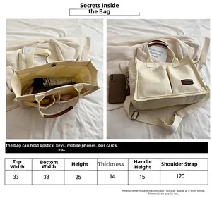 Detailed size chart and internal structure of the beige canvas tote bag with brown handles