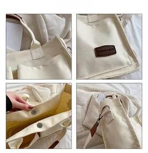 Detailed views of beige canvas tote bag with brown leather handles and magnetic closure