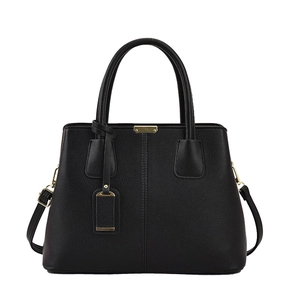 Front view of black lychee grain leather tote bag with gold hardware and shoulder strap