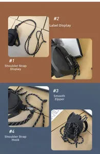 Detalle de mini bolso con correa, logotipo, cremallera y gancho metálico funcional