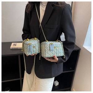 Dettaglio delle mini borse in tweed blu con chiusura a fiore dorato e doppia cerniera