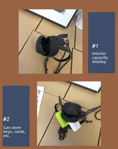 Detalle del mini bolso funcional que muestra espacio para llaves, tarjetas y auriculares