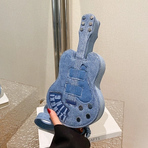 Creative Denim Guitar Shaped Shoulder Bag For Women Vintage Washable Denim Crossbody Bag With Rivets Small Square Bag