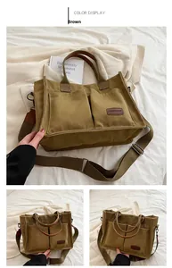 Detail of brown canvas tote with dual front pockets and adjustable wide shoulder strap