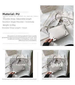 Detailed size specifications of white rivet crossbody bag showing dimensions and adjustable strap