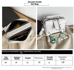 Detailed size guide for white studded crossbody bag with dimensions and capacity info