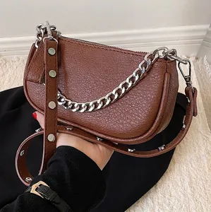 Retro PU Leather Litchi Pattern Underarm Bag For Women Silver Metal Chain Rivet Shoulder Strap Crossbody Bag Small Handbag
