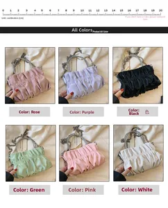 Detail view of stylish ruched cloud bags in six colors with metallic chain handles