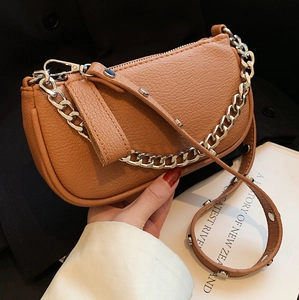 Vintage caramel rivets underarm bag with litchi grain texture and silver chain