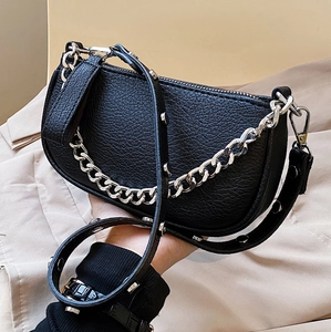 Retro black litchi grain leather underarm bag with silver chain and rivet shoulder strap