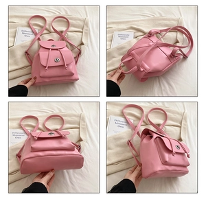 Four-angle view of pink mini faux leather backpack with metallic turn-lock and drawstring