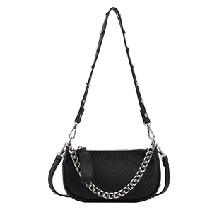 Retro black crescent moon crossbody bag with silver rivet straps and chunky chain