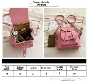 Detailed size chart and interior capacity view of this pink fashion leather backpack