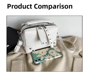Size comparison of a white studded crossbody bag with a floral phone case reference