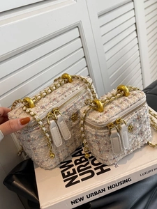 Borsa a Tracolla da Donna in Tweed Trapuntata con Catena Decorazione Floreale Piccola Borsa a Scatola Quadrata Elegante da Donna
