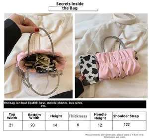 Size guide for pleated cloud handbag showing dimensions and internal storage capacity