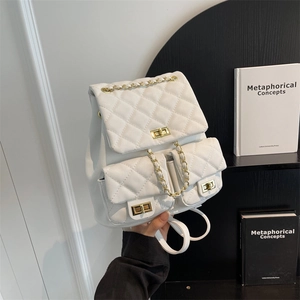 Women Quilted Lingge Backpack PU Leather Fashion Travel Bag with Metal Chain Strap Large Capacity Shoulder Bag With Twist Lock
