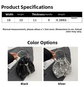 Detailed size chart and close-up of sequin bucket bag with pearl drawstring and silver handle
