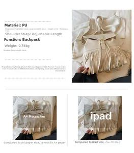 Détail montrant les dimensions et la capacité du sac à dos beige à franges dorées