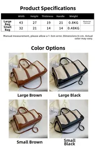 Size guide for canvas tote bag showing dimensions for large and small travel handbags