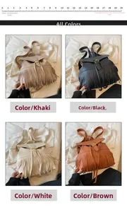 Vue détaillée de sacs à dos à franges en similicuir souple en quatre couleurs élégantes