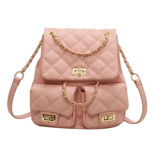 Pink quilted leather backpack for women with gold chain accents and large capacity