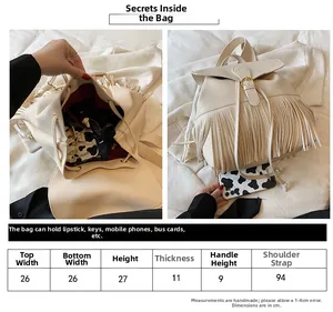 Tableau des tailles montrant les dimensions et l'espace intérieur du sac à dos à pompons