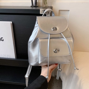 Fashion Women PU Leather Backpack Korean Style Large Capacity Turnlock Stitching Small Travel Commuting Bag Solid Color