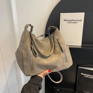 Retro PU Leather Women Shoulder Bag Large Capacity Crossbody Tote Bag With Dual Zippers Street Style Daily Casual Handbag