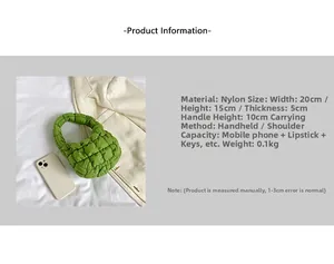 Detailed size specifications for the green quilted puffer mini handbag with dimensions