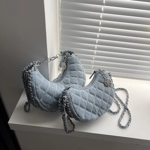 Women Fashion Denim Quilted Rhombic Crossbody Bag Metal Chain Strap Crescent Shoulder Bag With Flower Charm Everyday Hobo Bag