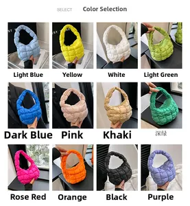 Grid display of quilted cloud bags in 12 colors including blue, pink, and khaki