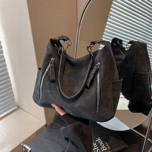 Retro grey suede tote bag with double zippers and large capacity for women on shoulder