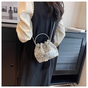 Silver sequin bucket bag with metal handle and pearl drawstring detail on model