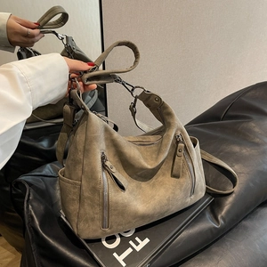 Retro taupe hobo bag with vintage matte finish and double zipper design for women