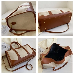 Detail shots of canvas tote bag showing reinforced bottom, metal feet, and large interior