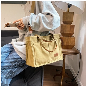 Detail of khaki canvas tote bag featuring double front pockets and wide shoulder strap