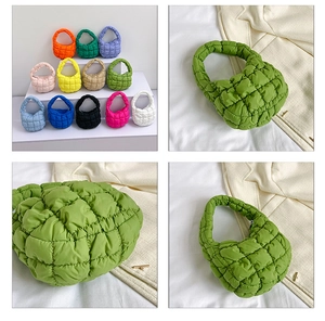 Detailed grid view of colorful quilted puffer mini bags showing soft pleated texture
